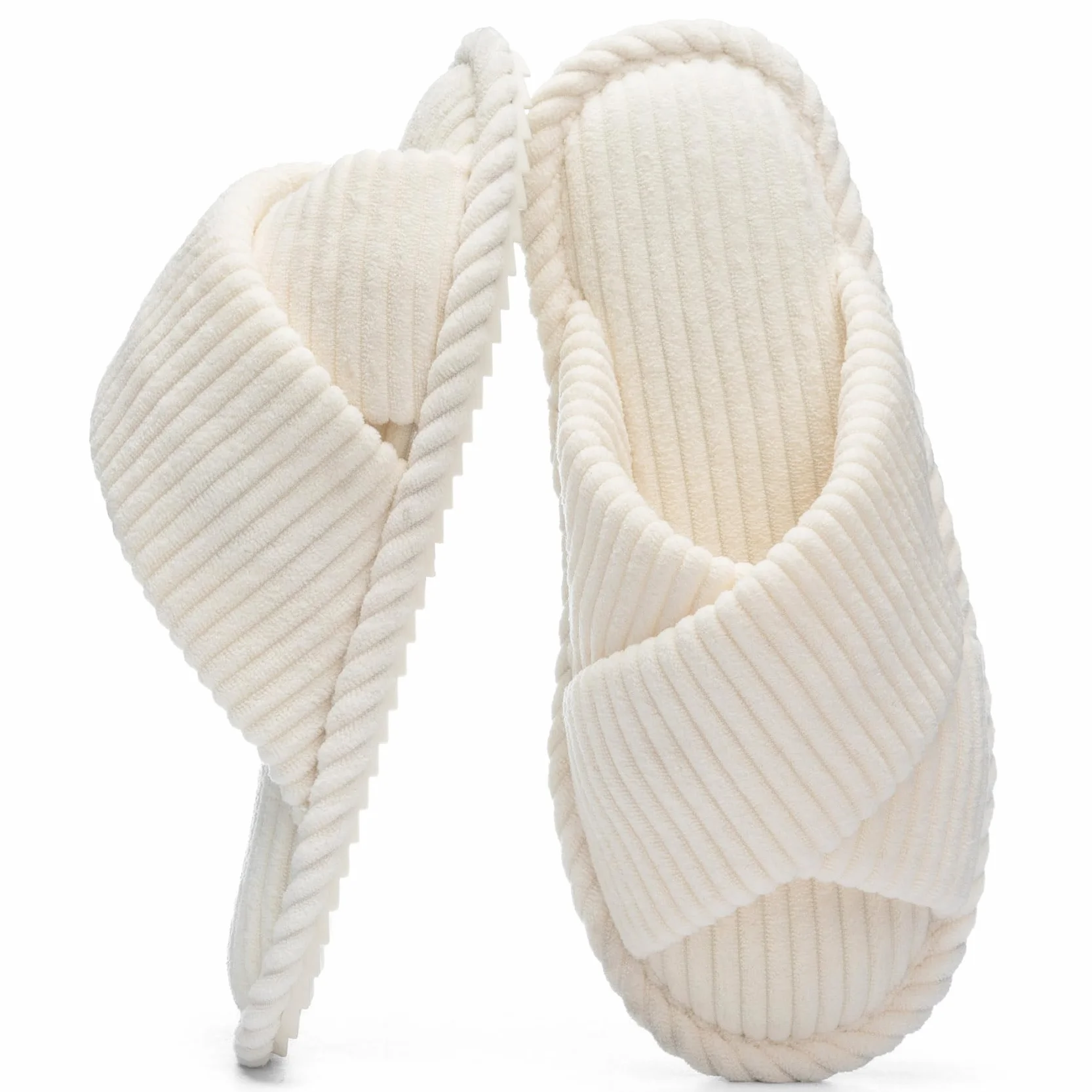 GOEWY Chaussons Femme en Velours Côtelé - Mousse Mémoire, Bout Ouvert Brides Croisées Semelle Antidérapante - Confort Tendance, Idée Cadeau