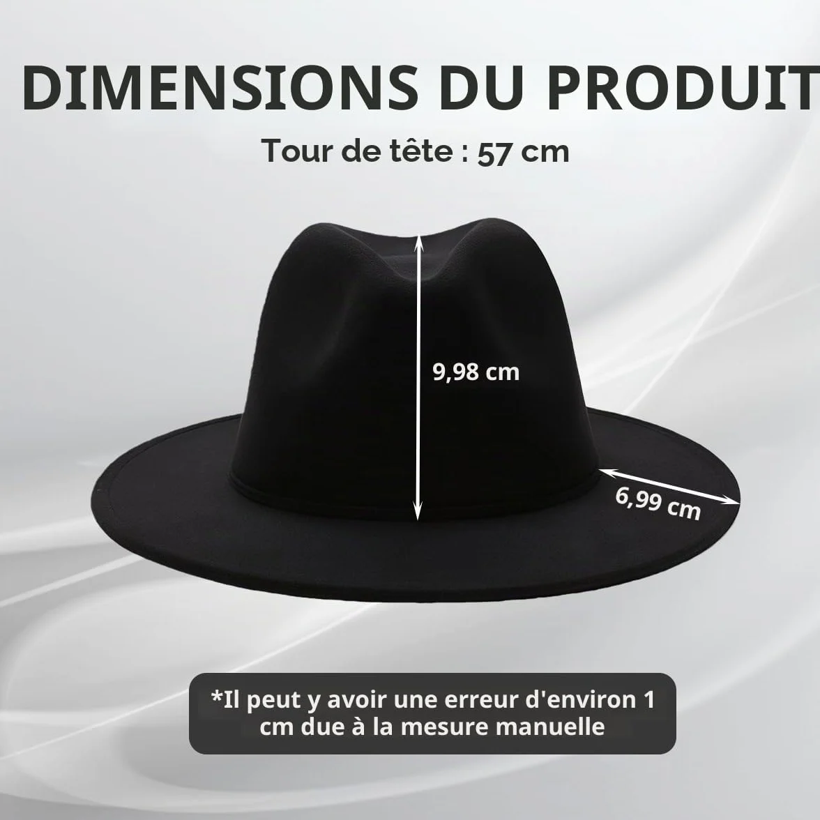 vipolish Chapeau Fedora Classique en Feutre Noir à Large Bord Panama Cowboy Jazz Souple pour Homme et Femme, Noir, Taille Unique
