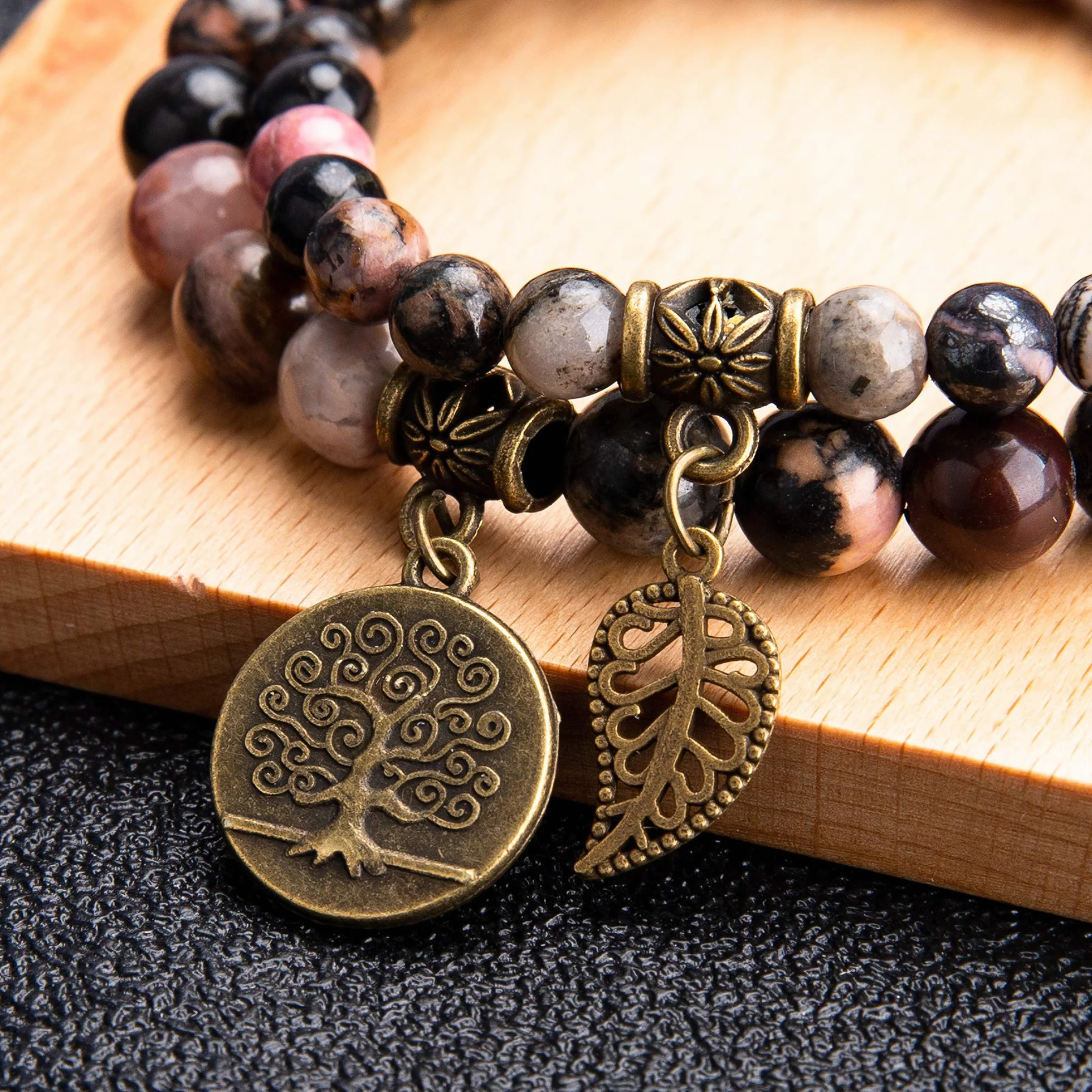 Farfume Chakra Bracelet En Pierre Naturelle - Bracelet Perles Naturelles Femme-Ensemble De Deux Bracelets Avec Accessoires Arbre De Vie Et Feuille