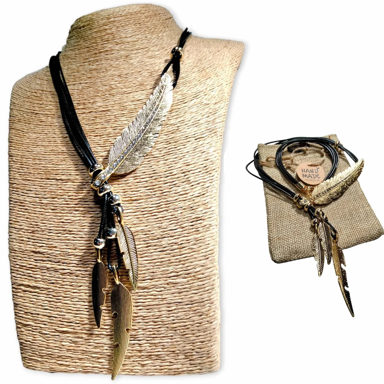 Collier de style bohème pour femme avec motif feuilles et plumes. Bijoux. Colliers de déclaration | Pendentif ethnique fabriqué à la main en Espagne. Cadeau Original (CUIR NOIR)