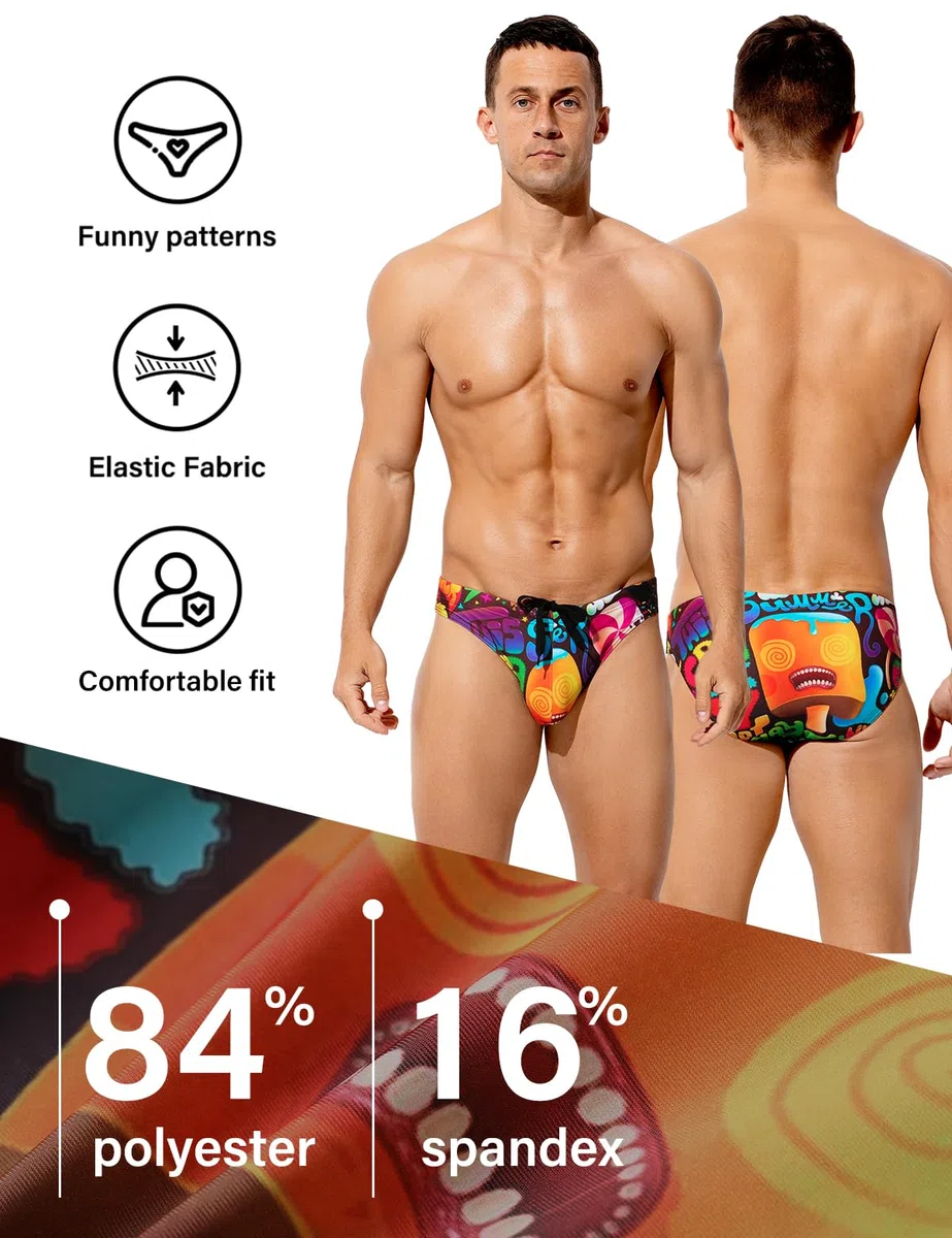 Slip de Bain Homme Imprimé, Maillot de Bain Taille Basse Swim Briefs avec Cordon de Serrage Réglable, Séchage Rapide pour Piscine Plage Natation Surf