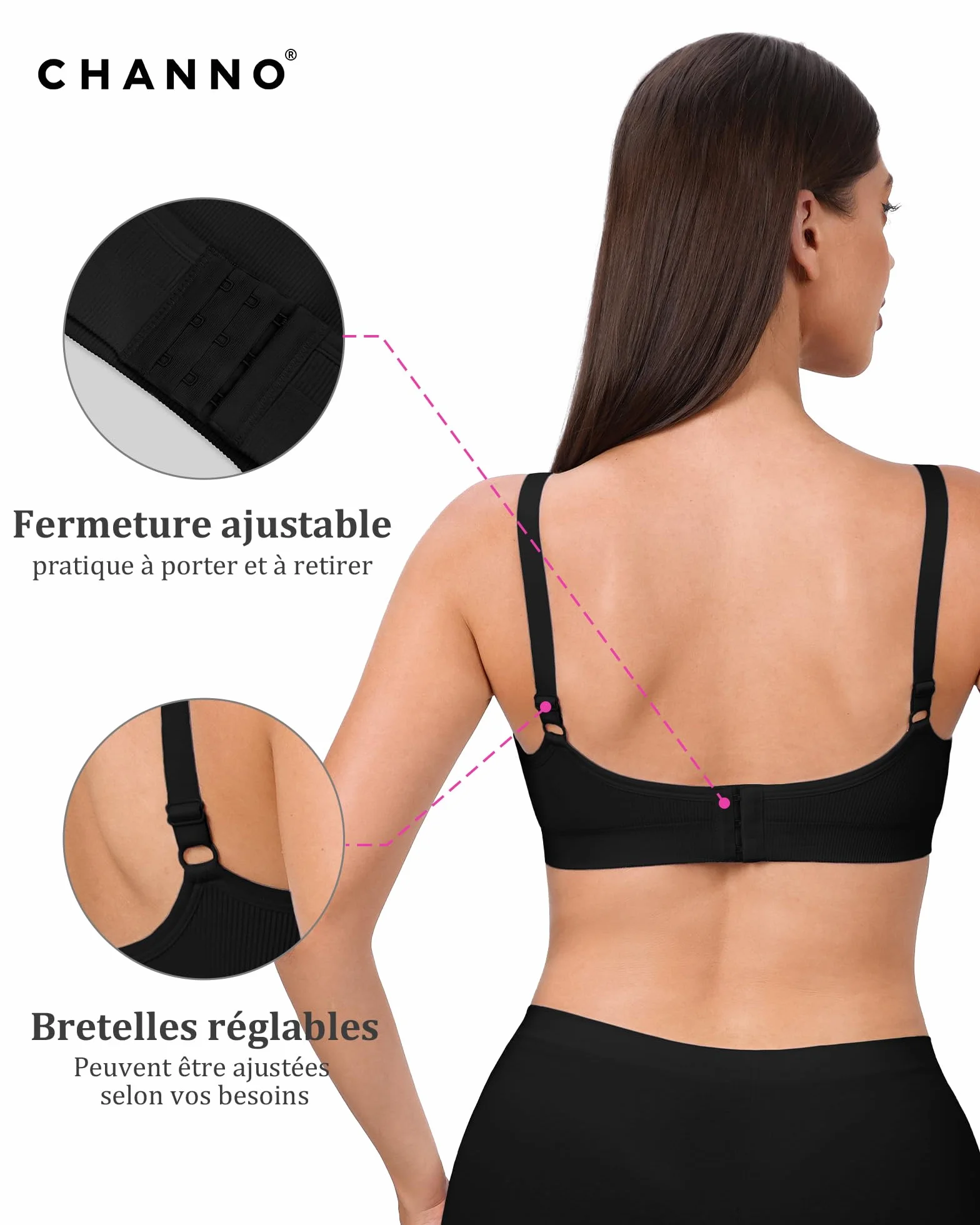 Channo Soutien-Gorge Sport sans Armatures - Pack de 3 en Nylon Côtelé Uni sans Couture Bretelles Réglables