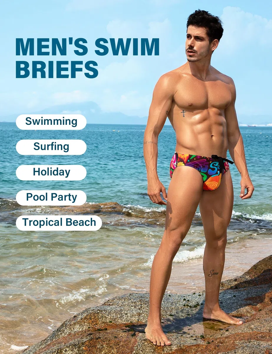 Slip de Bain Homme Imprimé, Maillot de Bain Taille Basse Swim Briefs avec Cordon de Serrage Réglable, Séchage Rapide pour Piscine Plage Natation Surf