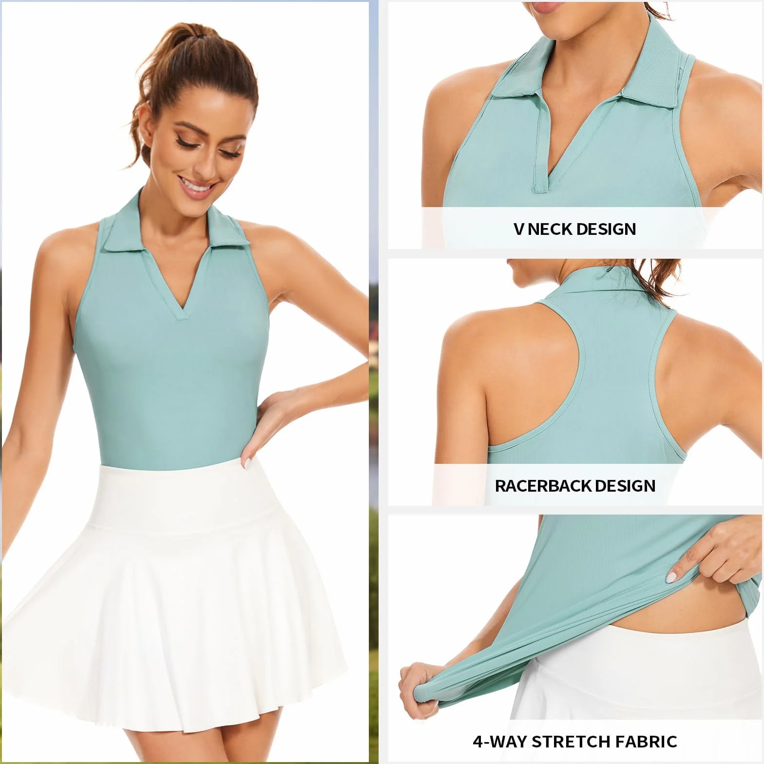 Soneven Polo Femme Col en V Manches Courtes/sans Manches T-Shirts Sportifs Ribbed Breathable Quick-Drying Functional Shirt for Golf Tennis