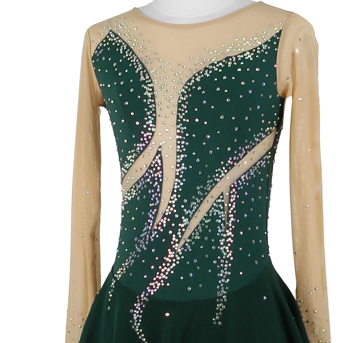 Robe Patinage Artistique Vert Enfant Fille Femme Strass Justaucorps de Danse Gymnastique à Manche Longue, Robe Compétition de Patinage sur Glace