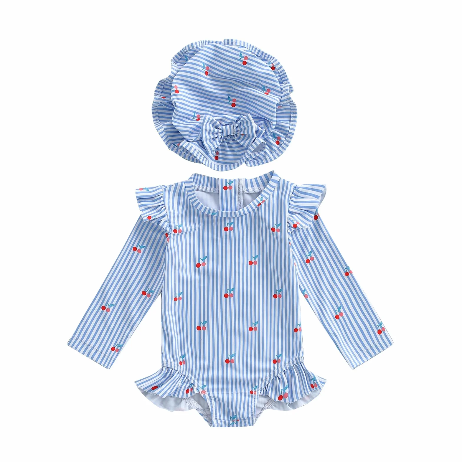 Maillot de Bain 2Pcs Bébé Fille Imprimé Ensemble Maillots de Bain à Manches Longues Mailllots Une Pièce avec Chapeau Tenue Maillots 3 Mois-3 Ans