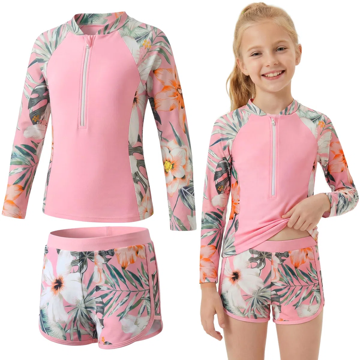 Maillot de Bain 2 Pièces pour Fille Protection Solaire, Maillots Manches Longues et Shorty Anti UV, Ensemble de Plage Séchage Rapide Confortable Rash Guard pour Enfants 5-11 Ans
