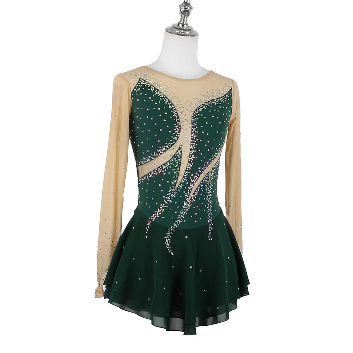 Robe Patinage Artistique Vert Enfant Fille Femme Strass Justaucorps de Danse Gymnastique à Manche Longue, Robe Compétition de Patinage sur Glace