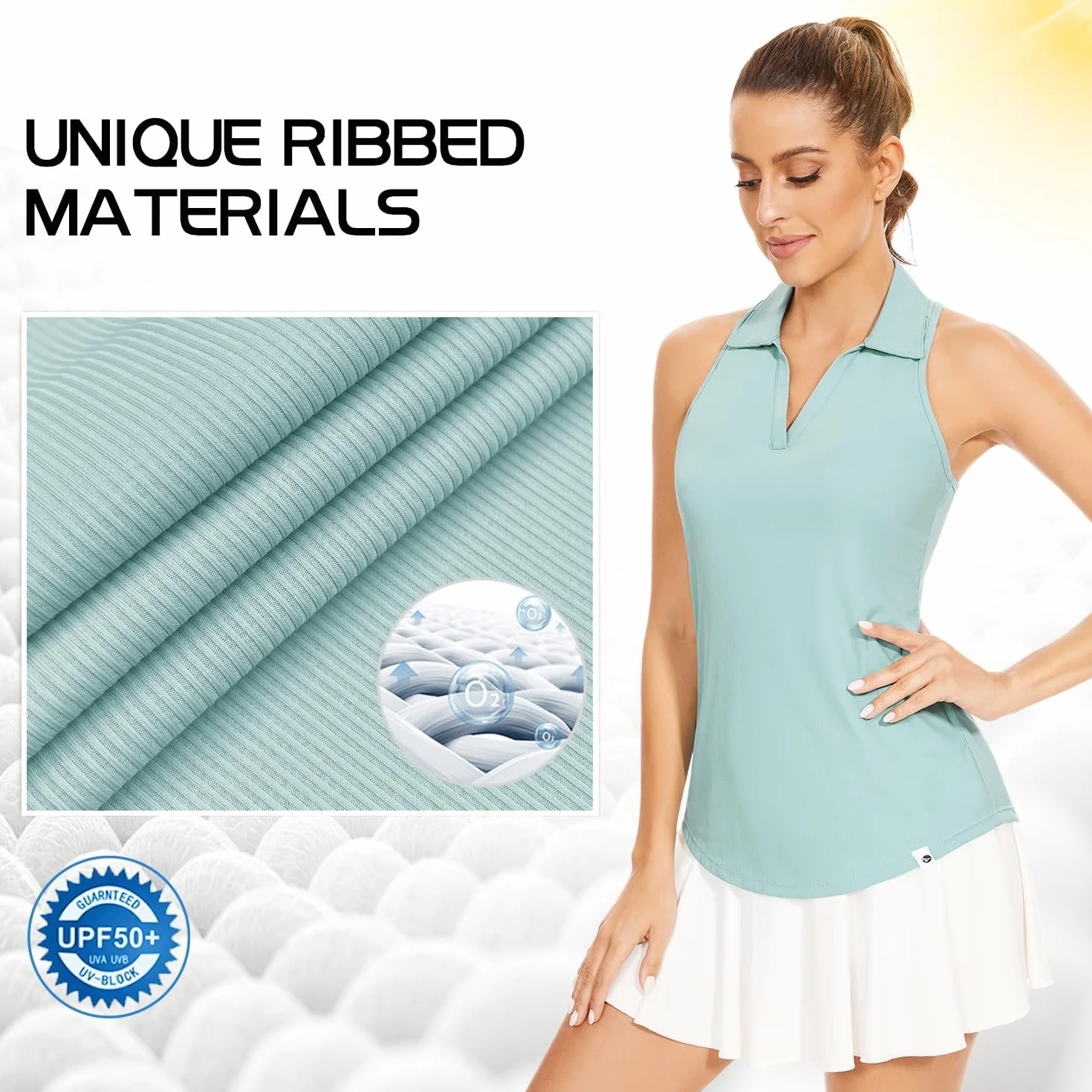 Soneven Polo Femme Col en V Manches Courtes/sans Manches T-Shirts Sportifs Ribbed Breathable Quick-Drying Functional Shirt for Golf Tennis