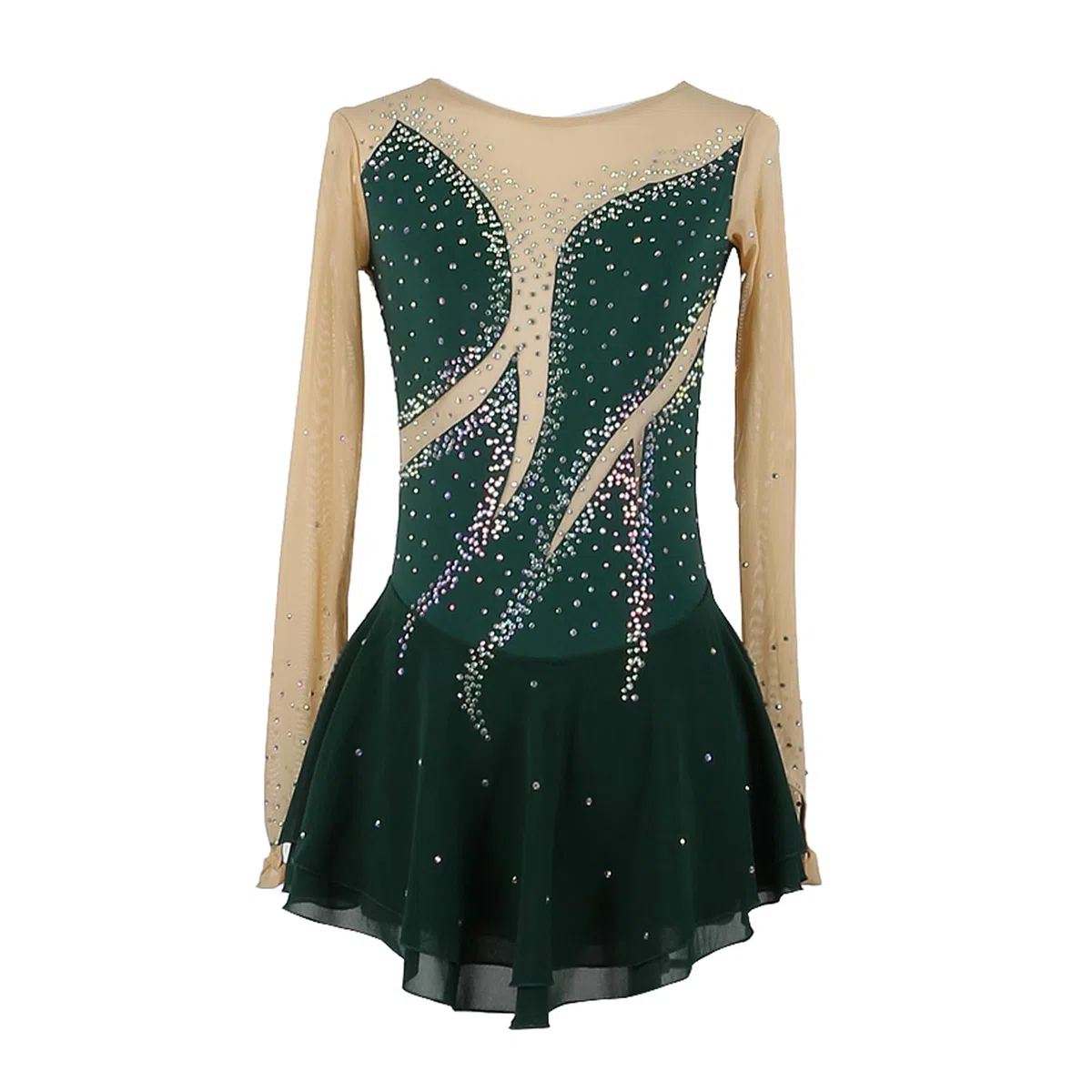 Robe Patinage Artistique Vert Enfant Fille Femme Strass Justaucorps de Danse Gymnastique à Manche Longue, Robe Compétition de Patinage sur Glace