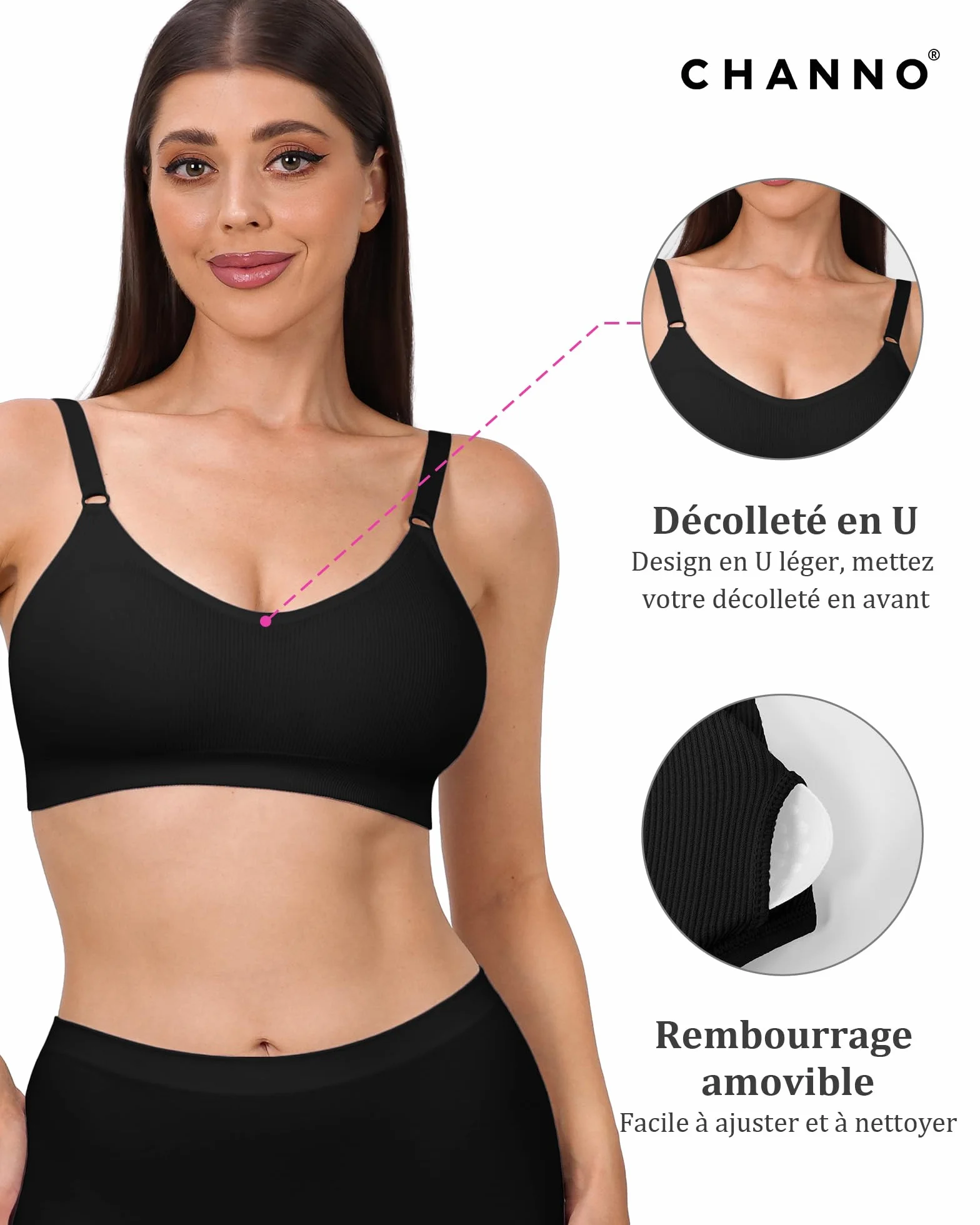 Channo Soutien-Gorge Sport sans Armatures - Pack de 3 en Nylon Côtelé Uni sans Couture Bretelles Réglables
