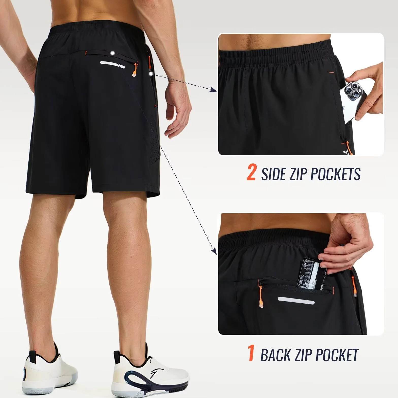Short de Sport pour Homme avec Poche Zippée Sport Tennis Séchage Rapide Shorts de Course à Pied