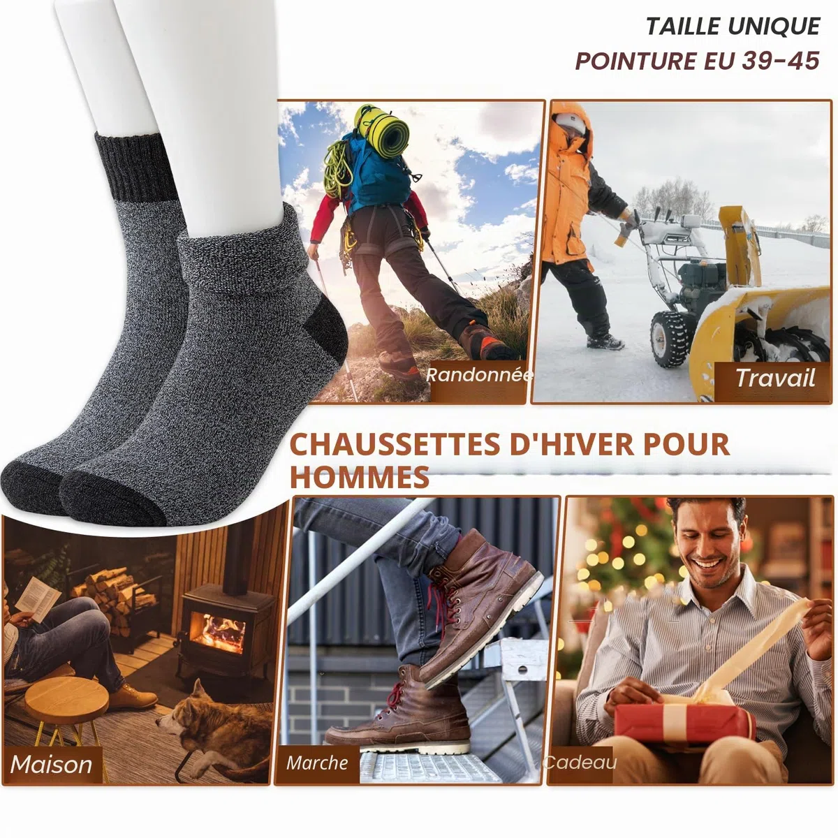 MOSOTECH Chaussettes Chaudes Homme, 5 Paires Chaussettes Thermiques Homme Hiver Épaisses en Éponge, Respirantes et Douces, Idéales pour Randonnée, Travail, Quotidien, Taille 39-45