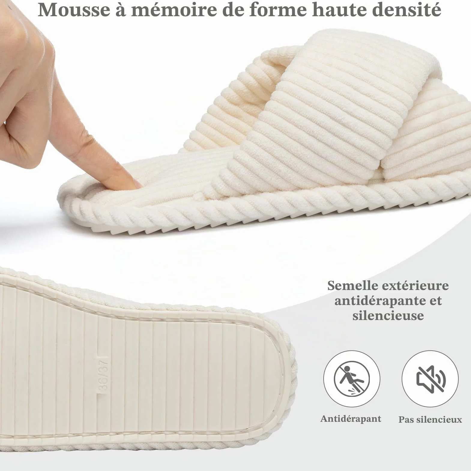 GOEWY Chaussons Femme en Velours Côtelé - Mousse Mémoire, Bout Ouvert Brides Croisées Semelle Antidérapante - Confort Tendance, Idée Cadeau