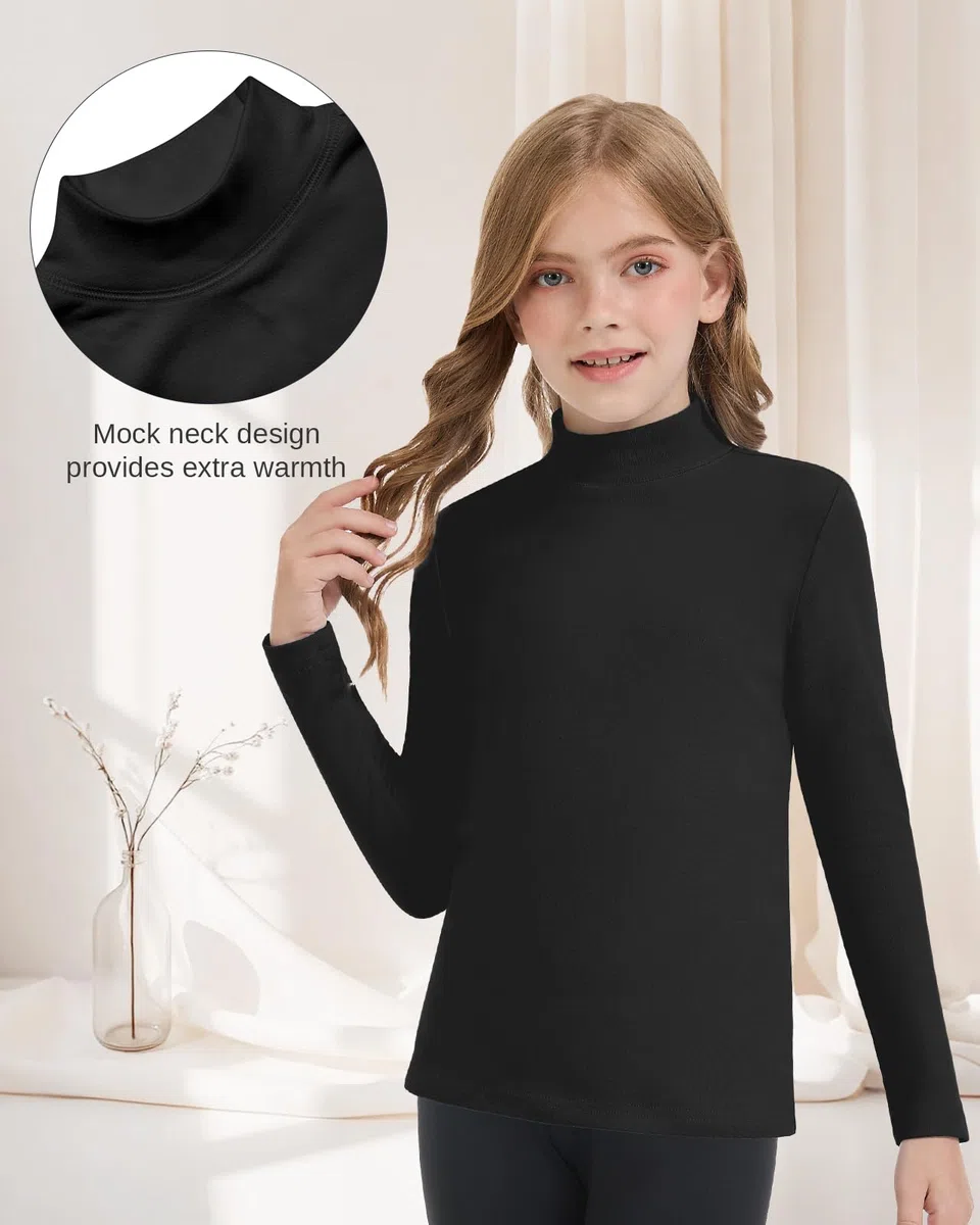 WOWENY T-shirt thermique à manches longues pour enfant - Chaud - Unisexe - Col roulé - Pour fille et garçon - Hiver - Ski - 6-14 ans