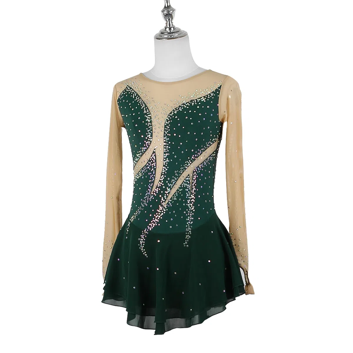 Robe Patinage Artistique Vert Enfant Fille Femme Strass Justaucorps de Danse Gymnastique à Manche Longue, Robe Compétition de Patinage sur Glace