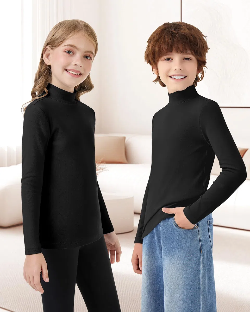 WOWENY T-shirt thermique à manches longues pour enfant - Chaud - Unisexe - Col roulé - Pour fille et garçon - Hiver - Ski - 6-14 ans