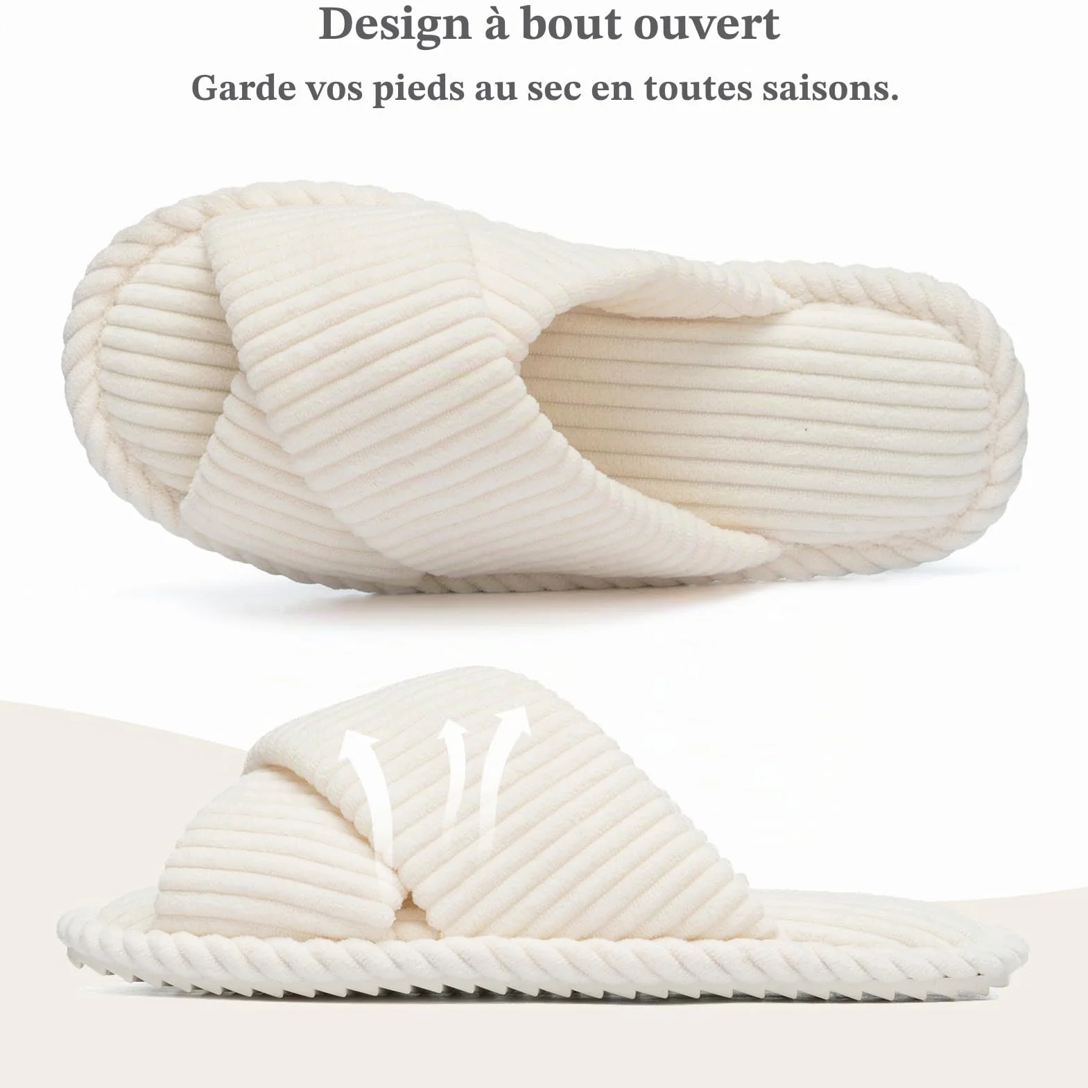 GOEWY Chaussons Femme en Velours Côtelé - Mousse Mémoire, Bout Ouvert Brides Croisées Semelle Antidérapante - Confort Tendance, Idée Cadeau
