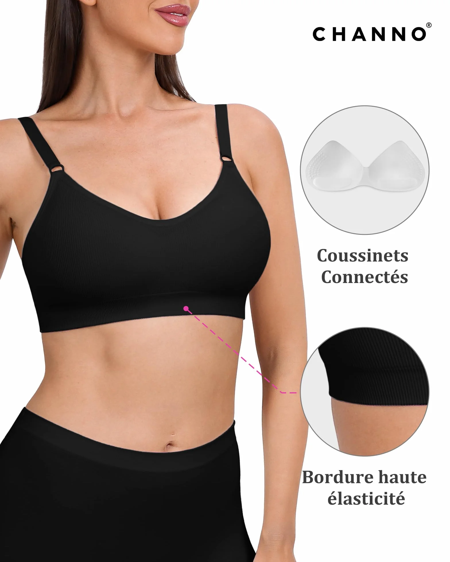 Channo Soutien-Gorge Sport sans Armatures - Pack de 3 en Nylon Côtelé Uni sans Couture Bretelles Réglables