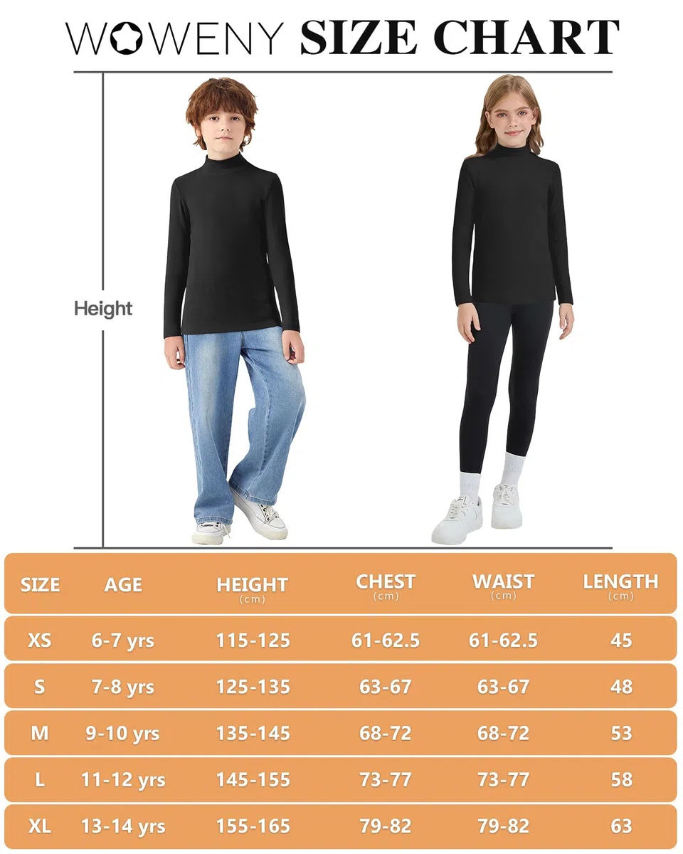 WOWENY T-shirt thermique à manches longues pour enfant - Chaud - Unisexe - Col roulé - Pour fille et garçon - Hiver - Ski - 6-14 ans