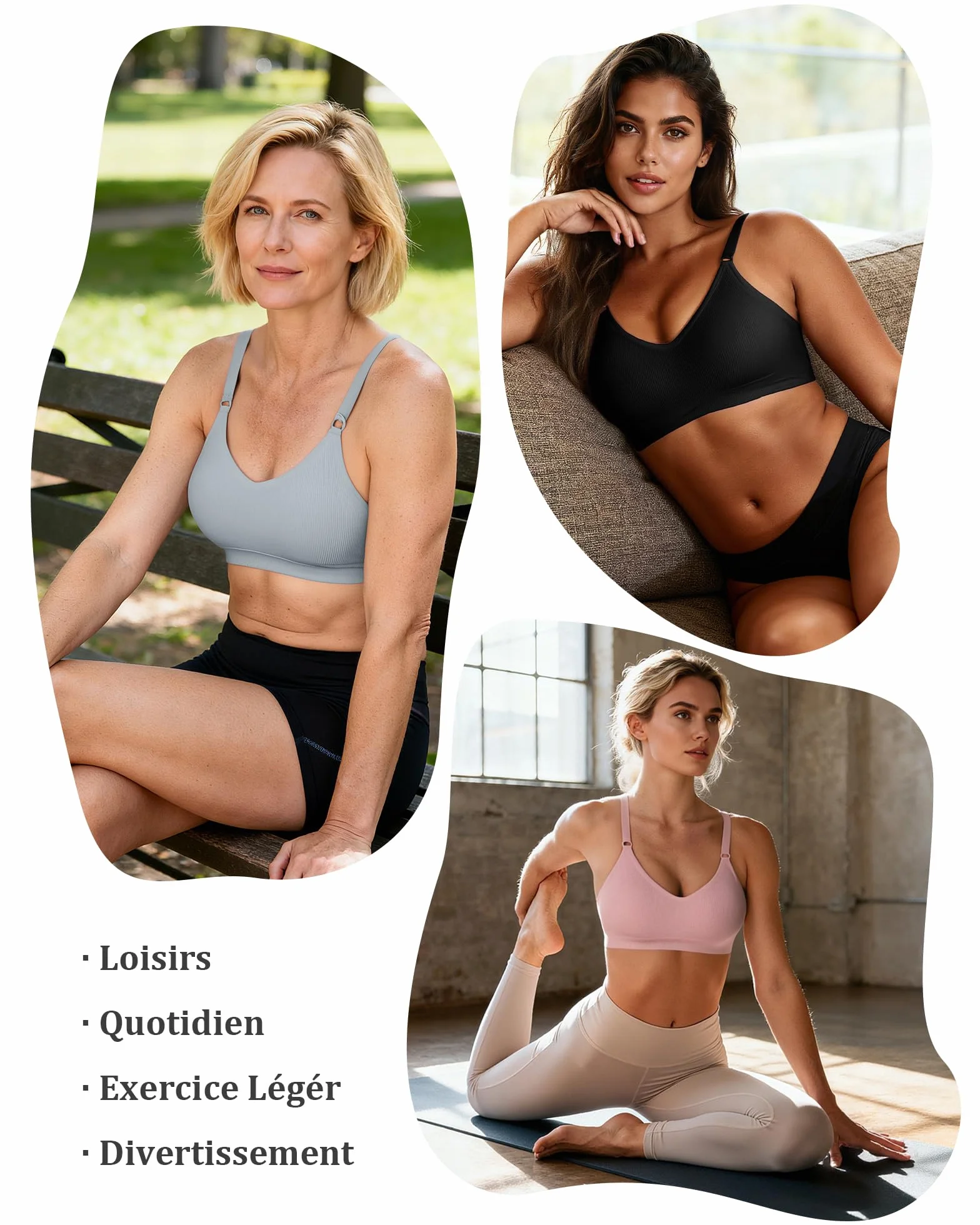 Channo Soutien-Gorge Sport sans Armatures - Pack de 3 en Nylon Côtelé Uni sans Couture Bretelles Réglables