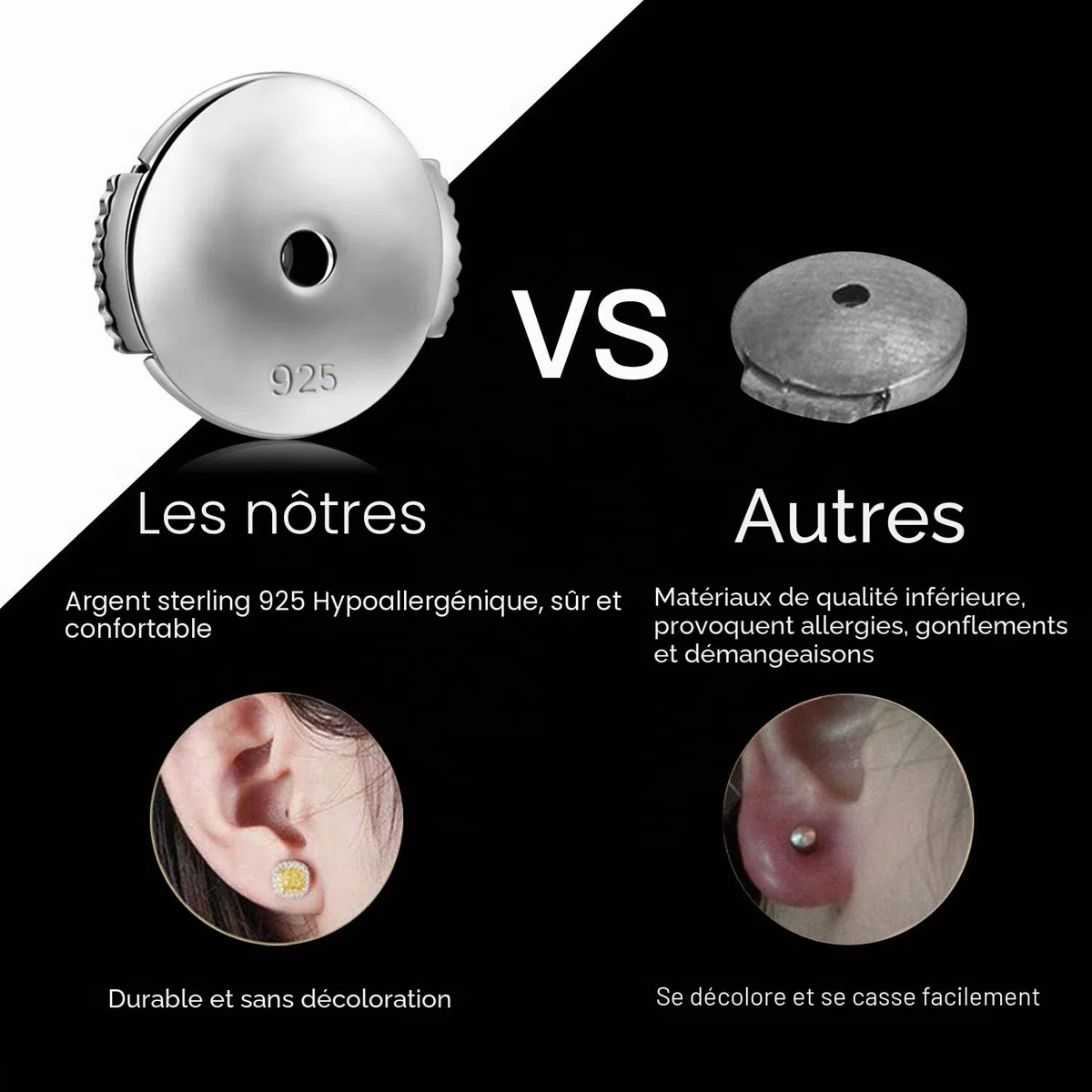 KISSPAT Fermoirs pour boucles d'oreilles en argent 925, Argent, Diamant