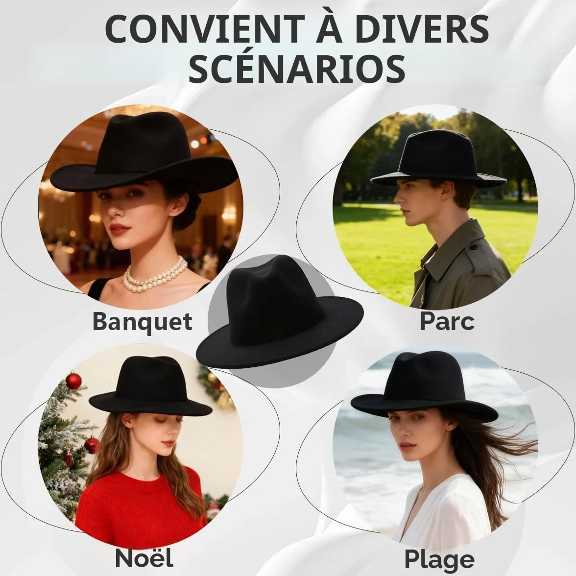vipolish Chapeau Fedora Classique en Feutre Noir à Large Bord Panama Cowboy Jazz Souple pour Homme et Femme, Noir, Taille Unique
