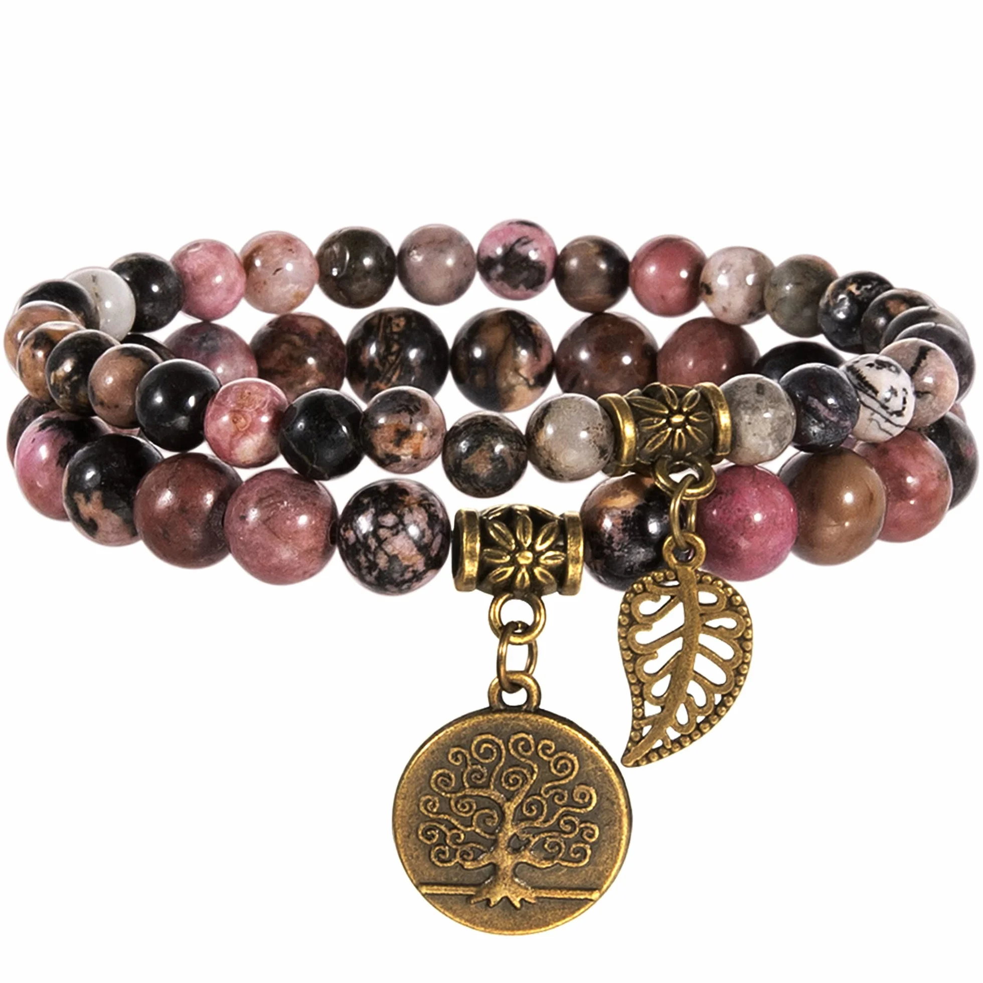 Farfume Chakra Bracelet En Pierre Naturelle - Bracelet Perles Naturelles Femme-Ensemble De Deux Bracelets Avec Accessoires Arbre De Vie Et Feuille