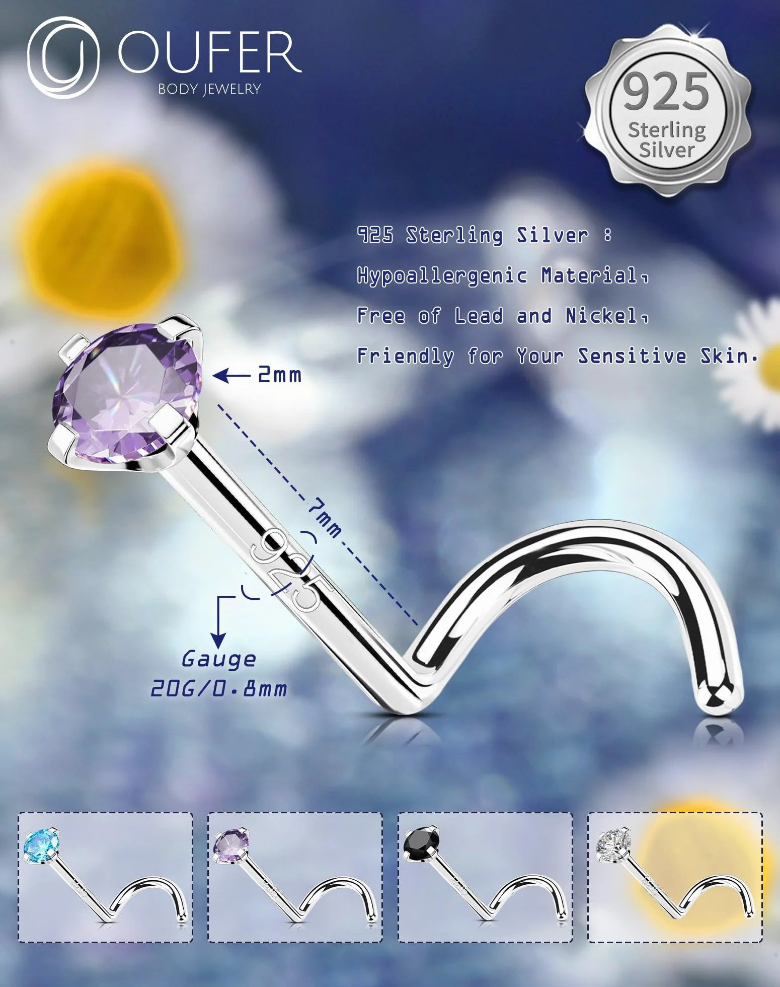 OUFER 20G Piercing Nez Or Blanc Piercing Nez en Argent 925 Piercing Nez Anneaux Piercing Nez en S Percing Au Nez 7mm Boucle Nez Argent Bijoux de Piercing Corporel