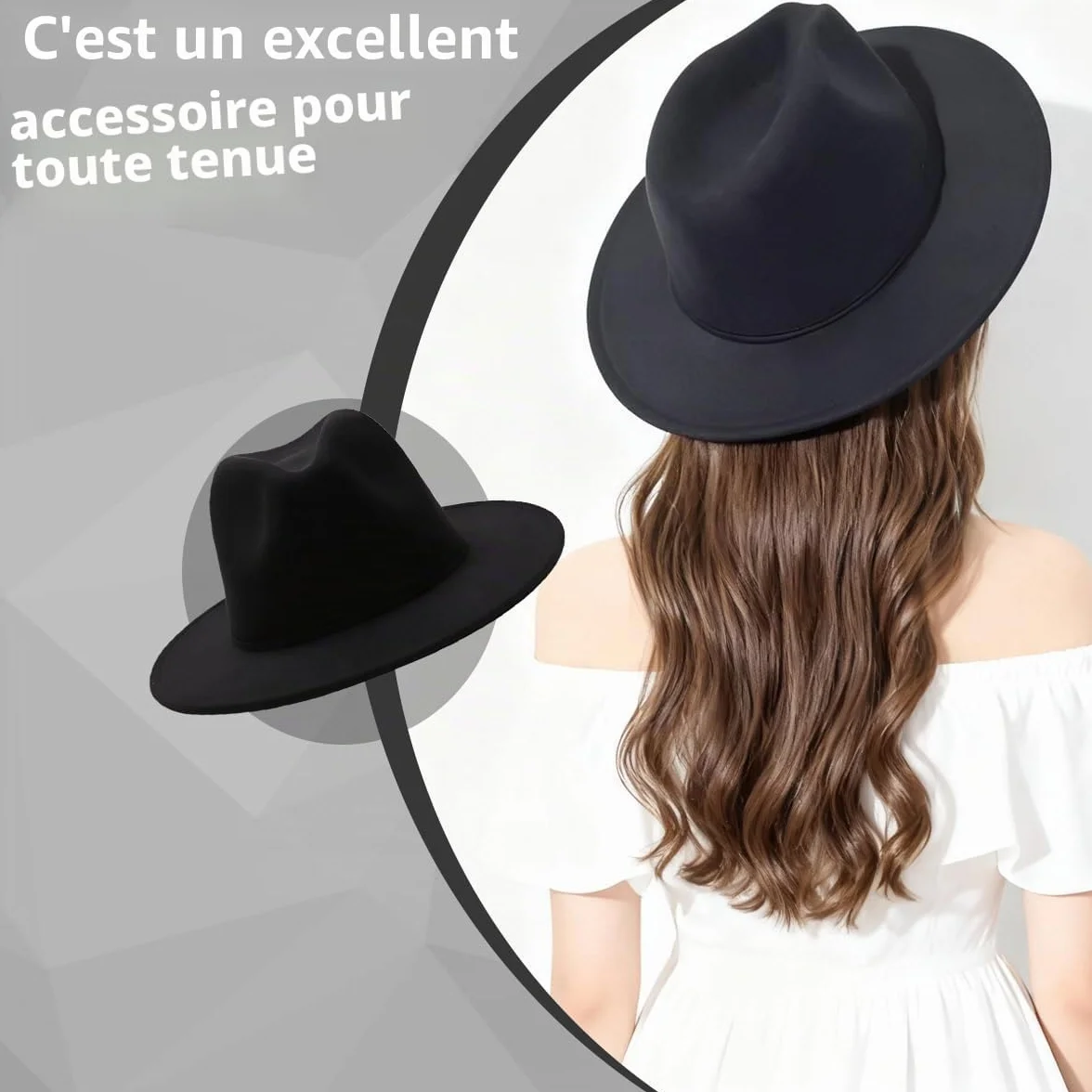 vipolish Chapeau Fedora Classique en Feutre Noir à Large Bord Panama Cowboy Jazz Souple pour Homme et Femme, Noir, Taille Unique