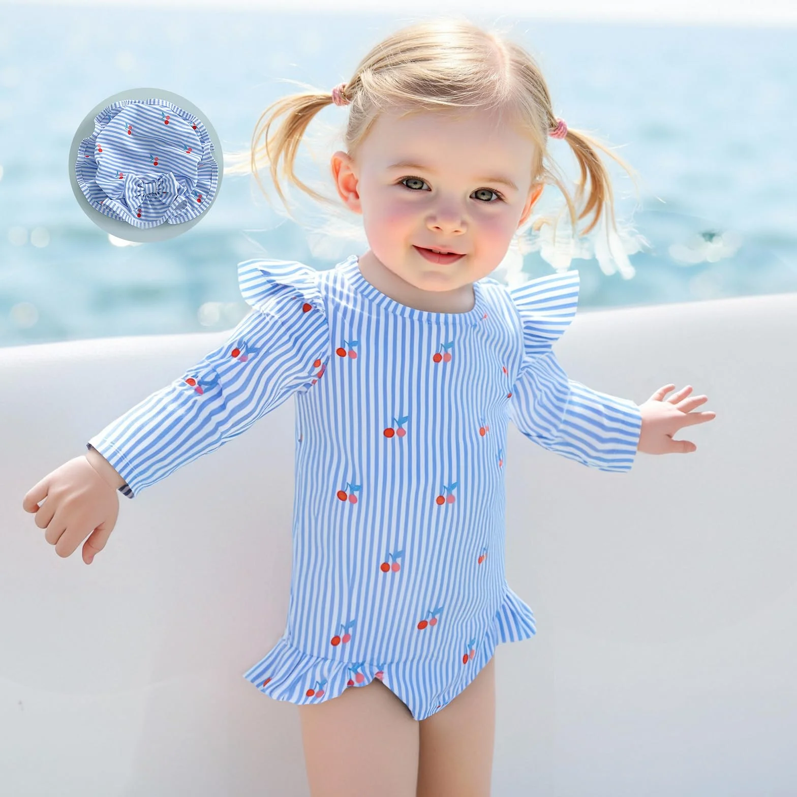 Maillot de Bain 2Pcs Bébé Fille Imprimé Ensemble Maillots de Bain à Manches Longues Mailllots Une Pièce avec Chapeau Tenue Maillots 3 Mois-3 Ans