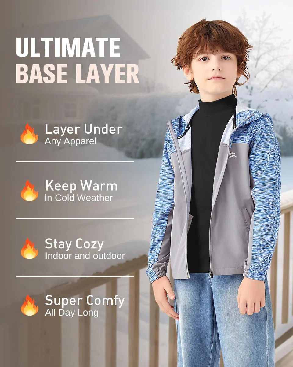 WOWENY T-shirt thermique à manches longues pour enfant - Chaud - Unisexe - Col roulé - Pour fille et garçon - Hiver - Ski - 6-14 ans