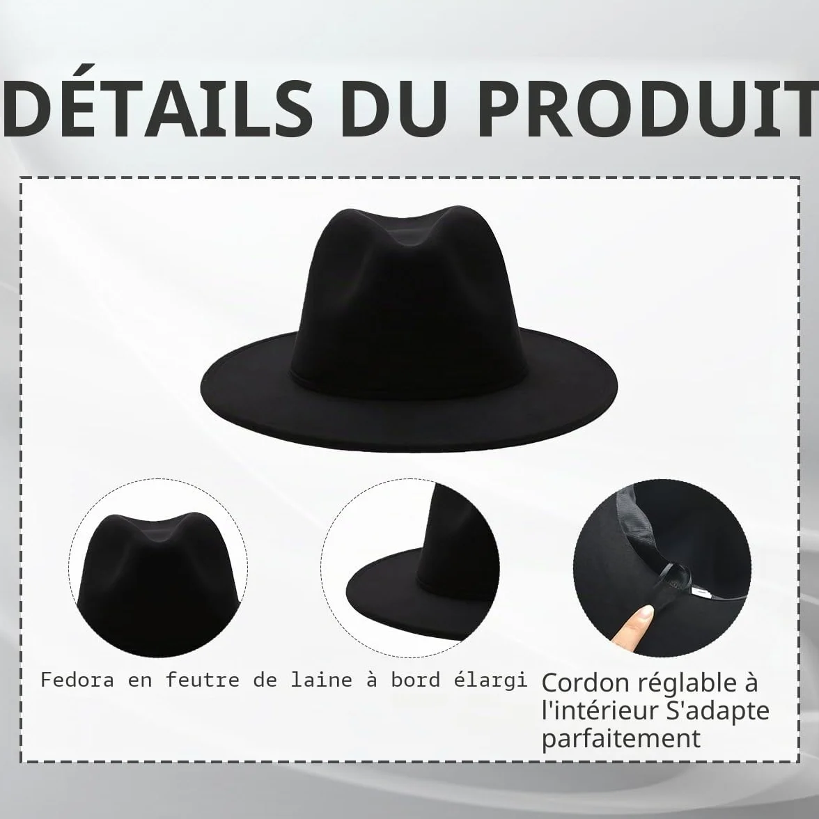 vipolish Chapeau Fedora Classique en Feutre Noir à Large Bord Panama Cowboy Jazz Souple pour Homme et Femme, Noir, Taille Unique