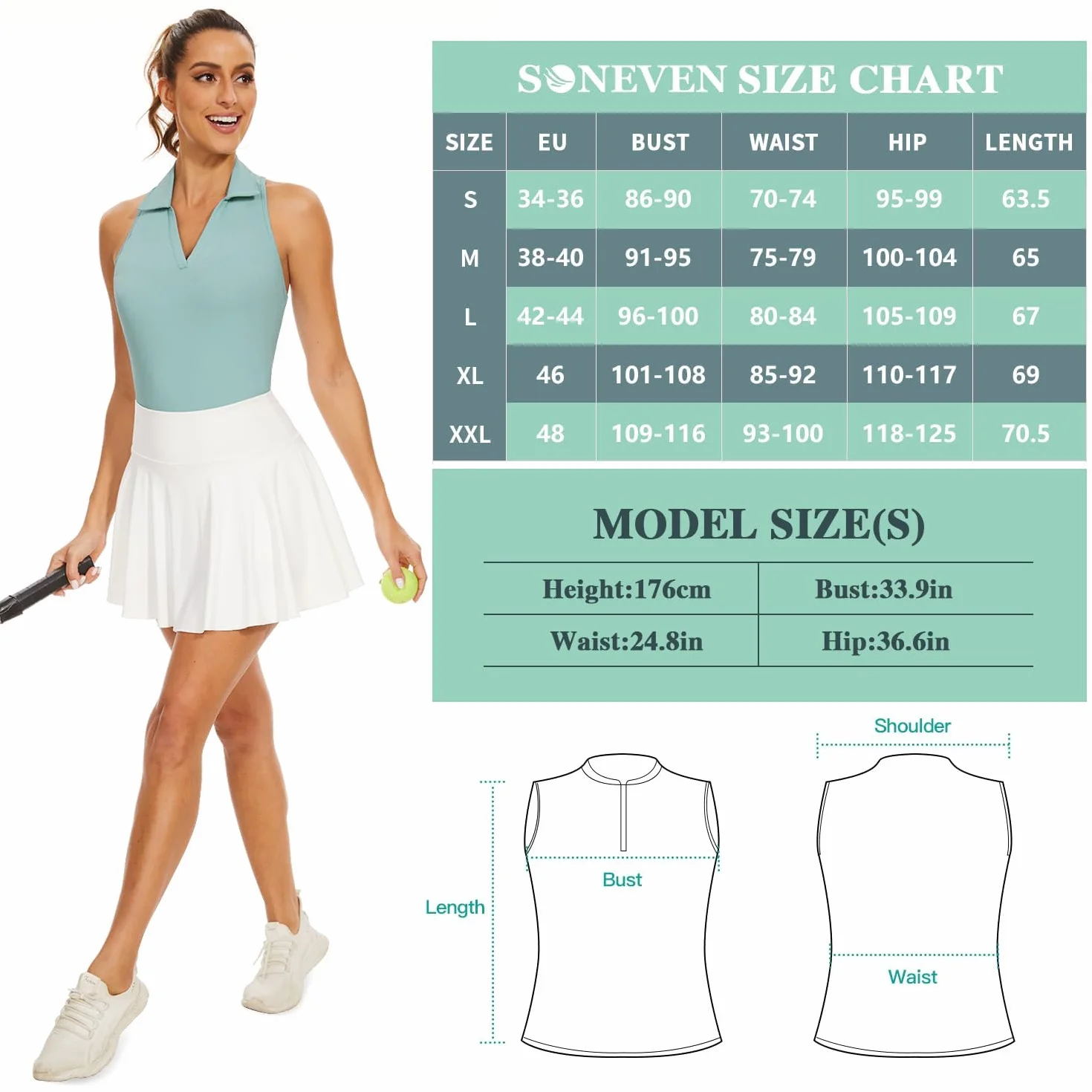 Soneven Polo Femme Col en V Manches Courtes/sans Manches T-Shirts Sportifs Ribbed Breathable Quick-Drying Functional Shirt for Golf Tennis