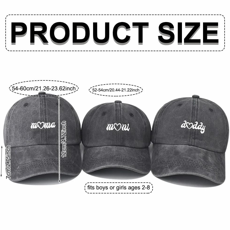 Lot de 3 mini chapeaux de baseball assortis pour parents et enfants avec inscription « Mama Daddy »