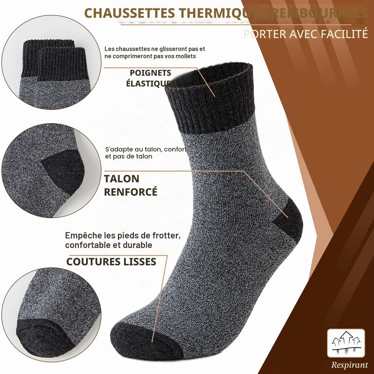MOSOTECH Chaussettes Chaudes Homme, 5 Paires Chaussettes Thermiques Homme Hiver Épaisses en Éponge, Respirantes et Douces, Idéales pour Randonnée, Travail, Quotidien, Taille 39-45