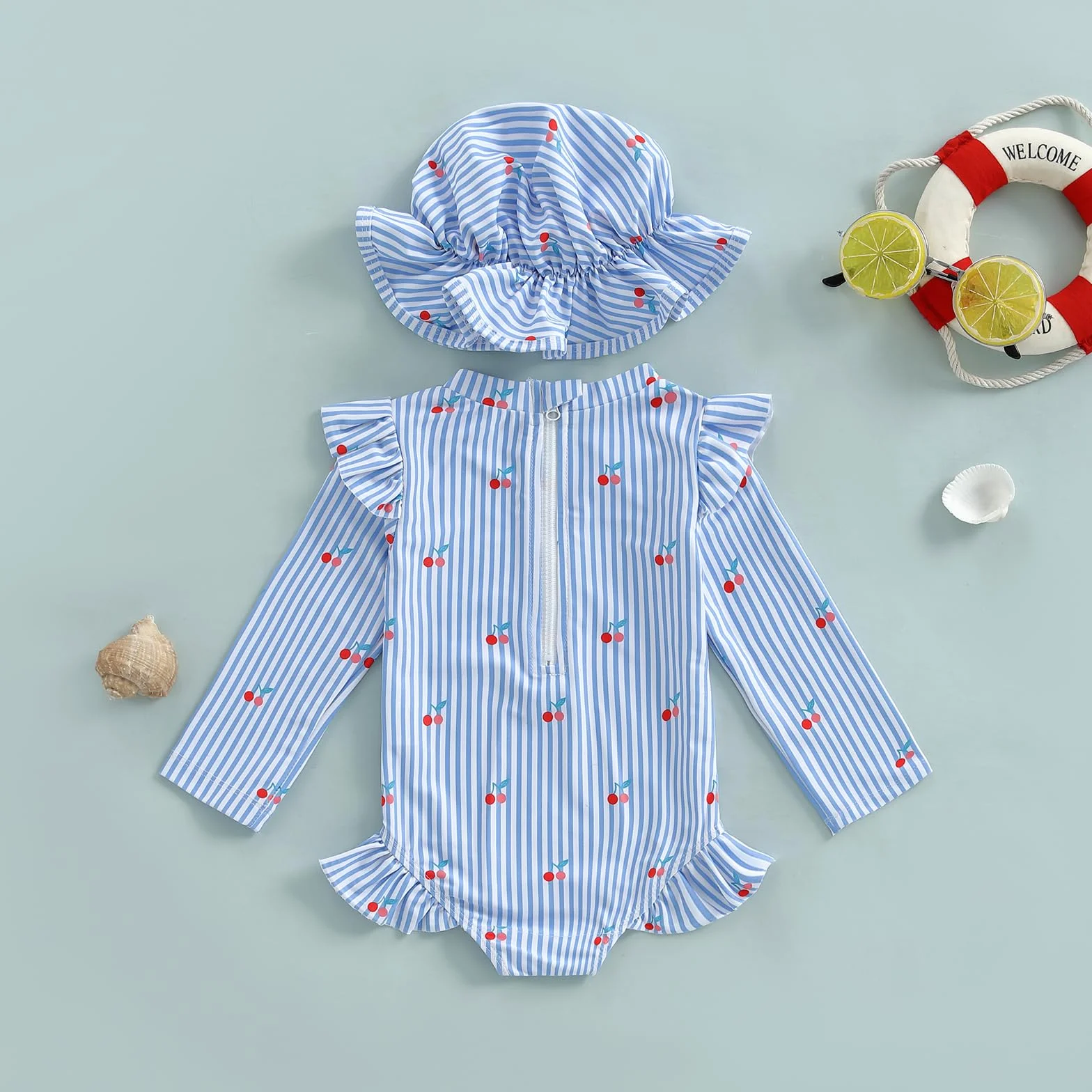Maillot de Bain 2Pcs Bébé Fille Imprimé Ensemble Maillots de Bain à Manches Longues Mailllots Une Pièce avec Chapeau Tenue Maillots 3 Mois-3 Ans