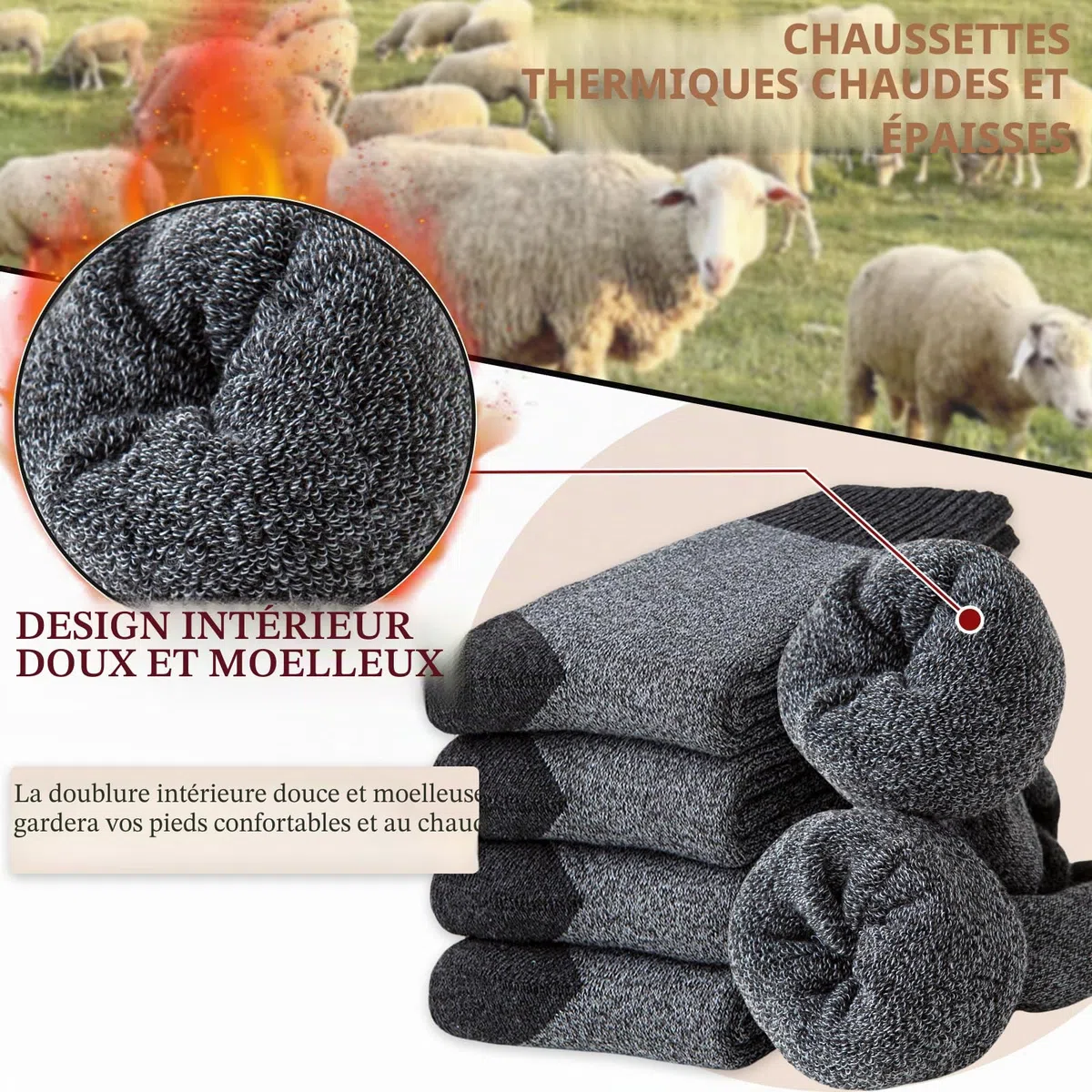 MOSOTECH Chaussettes Chaudes Homme, 5 Paires Chaussettes Thermiques Homme Hiver Épaisses en Éponge, Respirantes et Douces, Idéales pour Randonnée, Travail, Quotidien, Taille 39-45