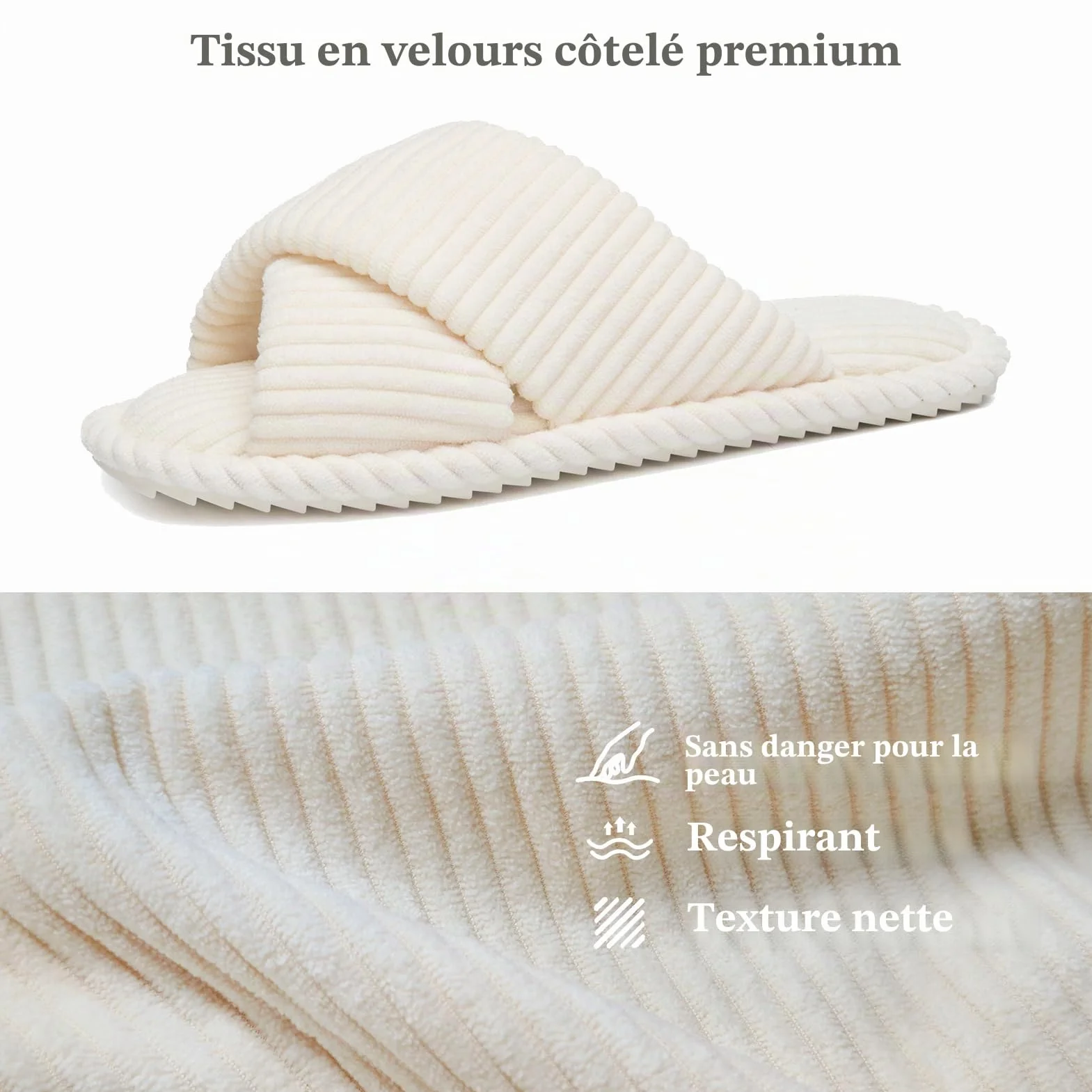 GOEWY Chaussons Femme en Velours Côtelé - Mousse Mémoire, Bout Ouvert Brides Croisées Semelle Antidérapante - Confort Tendance, Idée Cadeau
