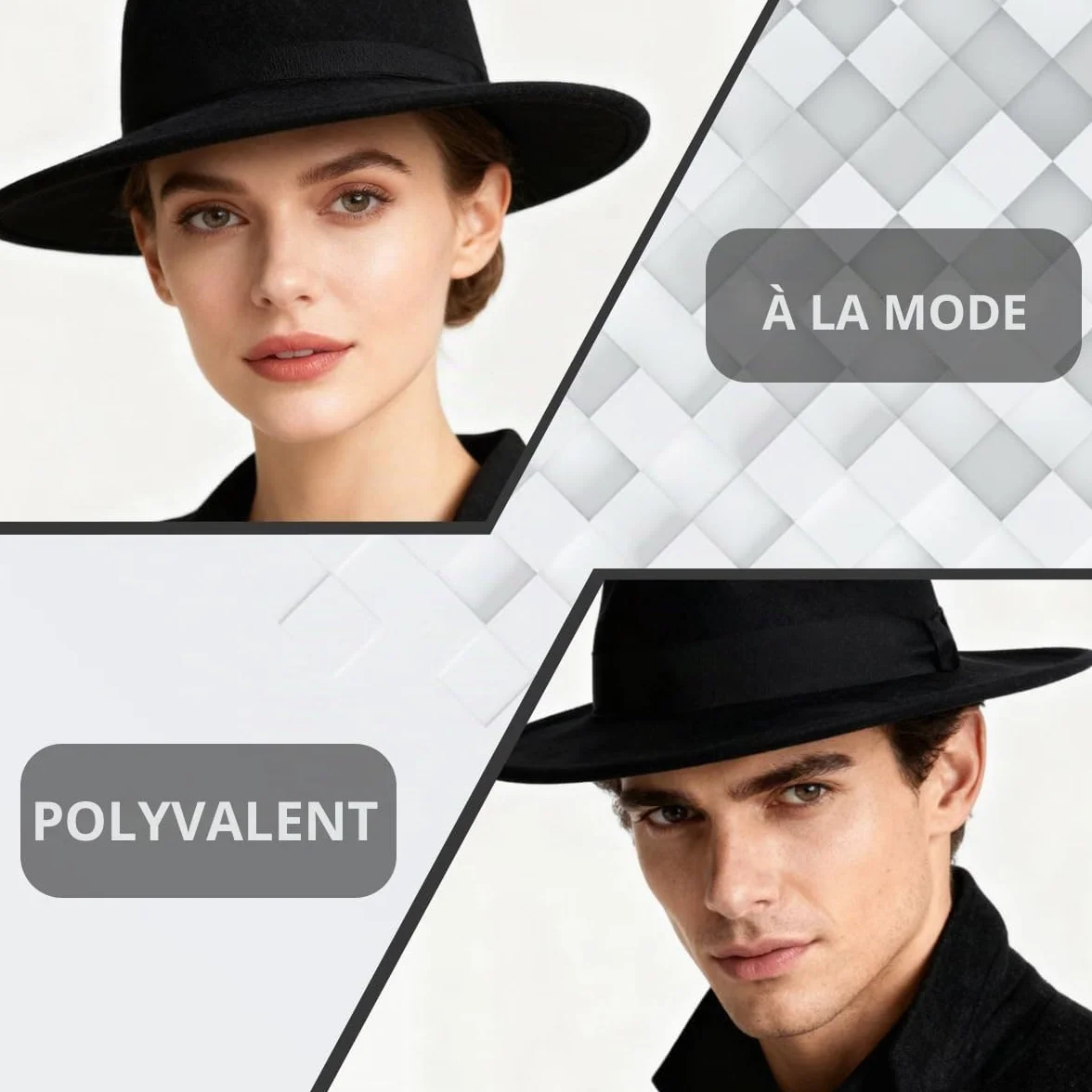 vipolish Chapeau Fedora Classique en Feutre Noir à Large Bord Panama Cowboy Jazz Souple pour Homme et Femme, Noir, Taille Unique