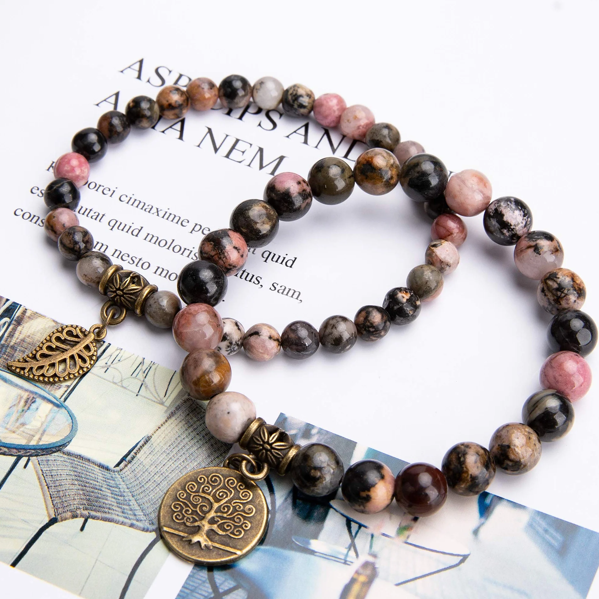 Farfume Chakra Bracelet En Pierre Naturelle - Bracelet Perles Naturelles Femme-Ensemble De Deux Bracelets Avec Accessoires Arbre De Vie Et Feuille